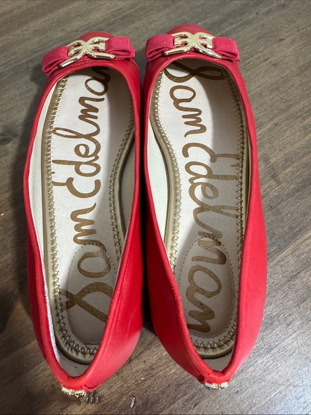 Sam Edelman Red Leather Bow Ballet Flats Gold Logo Size 9.5 - Picture 5 of 7